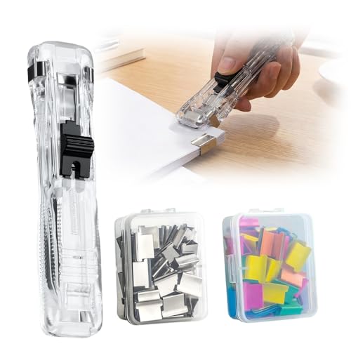 Portable Binder Clip Stapler, 2026 New Reusable Portable Paper Clam Clip Dispenser, 100 Metal Refill Clips (50 Silver + 50 Color) for Home, School, Desk Office (Transparent-1PCS) - color: Transparent-1pcs