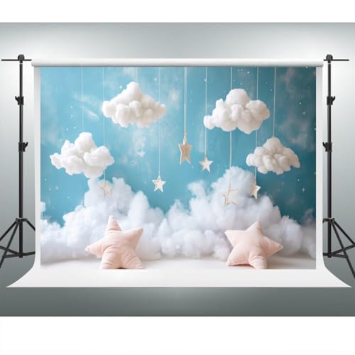 YongFoto Cute Sky Clouds Star Blue Backdrop 7x5ft Kids Photography Background Boy Girl Birthday Baby Shower Cradle Ceremony Party Banner Child Portrait Photoshoot Wallpaper Photo Studio Booth Props - color: Blue, size: 7ftx5ft