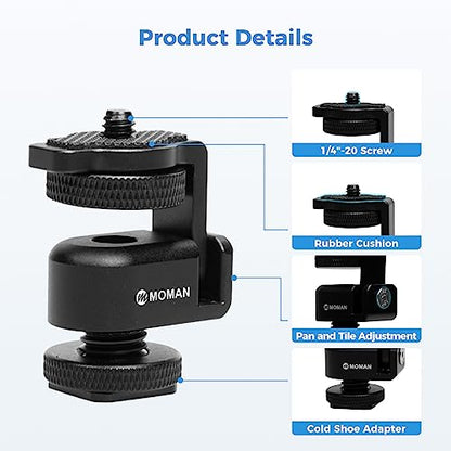 Moman Ball Head Cold Shoe Mount 1/4" Mini Adapter BH02 with 1/4"-20 Thread for Camera Microphone LED Video Light Monitor (2 Pack)