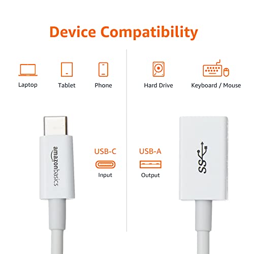 Amazon Basics USB-C to USB-A 3.1 Gen1 Female Adapter Cable Converter, 5Gbps High-Speed, USB-IF Certified, Fast Charging and Data Transfer, for Laptops, Tablets, Phones (iPhone 16/15), White - color: White