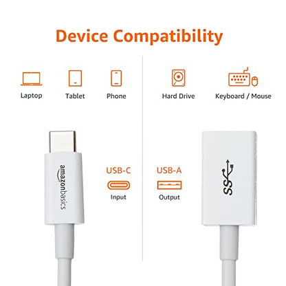 Amazon Basics USB-C to USB-A 3.1 Gen1 Female Adapter Cable Converter, 5Gbps High-Speed, USB-IF Certified, Fast Charging and Data Transfer, for Laptops, Tablets, Phones (iPhone 16/15), White - color: White