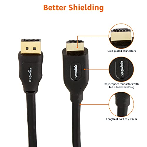 Amazon Basics DisplayPort to HDMI Cable, Video and Audio, Uni-Directional, 1920x1200, 1080p, Gold-Plated Plugs, 25 Foot, Black (Pack of 2) - size: 25 Feet (Pack of 2), style: 1-Pack