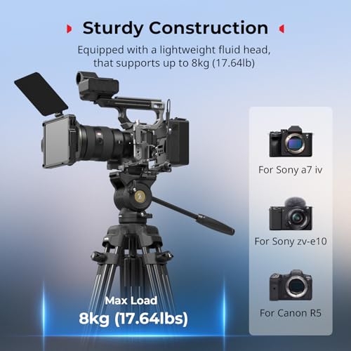 SMALLRIG 73''/186cm Heavy Duty Aluminum Alloy Video Tripod, Max Load 8kg (18lbs), Fluid Head with +85° to -78 Tilt Range, Compact Travel Tripod Weight 3.1kg(6.8lbs), Folded Height 88cm, AD-14