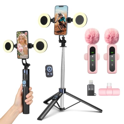 Content Creator Vlogging Kit,70inch Selfie Stick Tripod with Light and Wireless Microphones,Content Creator Essentials for iPhone/Android,Phone Tripod for Tiktok &YouTube Starter Kit
