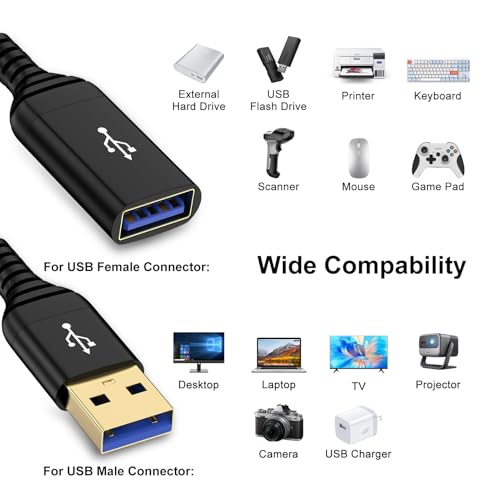 USB Extension Cable, 10FT Long USB Extender USB 3.0 Extension Cable, Male to Female Cord High Data Transfer Compatible with Webcam, Camera, Phone, Keyboard, Flash Drive, Hard Drive, Printer, Headset - color: Black