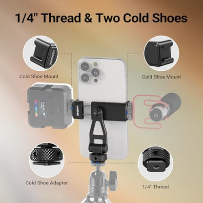NEEWER GA010 Phone Tripod Mount, 65–90mm Adjustable Phone Clamp Holder with 1/4" Thread, 180° Tilt, 360° Swivel, Cold Shoe Accessories Compatible with iPhone 17 Pro Max Samsung S26 Ultra & More