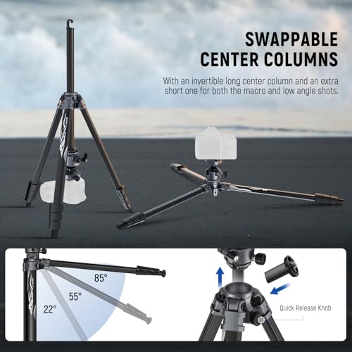 NEEWER LITETRIP LT07 61" Aluminum Travel Tripod for Camera w Pan Tilt Low Profile Ball Head, Arca QR Plate Compatible with PD Tripod Plate, Dual Center Axis, Phone Holder, Max Load 22lb - style: LT07 w/Clip