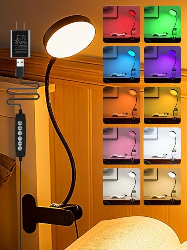 Clip on Light,10 RGB Colors+10 Brightness Clip on Desk Lamp with Clamp, 500 Lumen Bright 72 LED Desk Light, USB Adapter Reading Lights for Books in Bed/Headboard/Bedside Table/Bedroom/Dorm/Home Office - color: Black