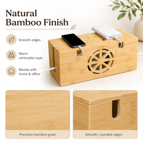 Cable Management Box - Large Bamboo Cord Organizer for Desk and Home Office - Power Strip Hider with Ventilation, 15.7 x 6.7 x 6.7in