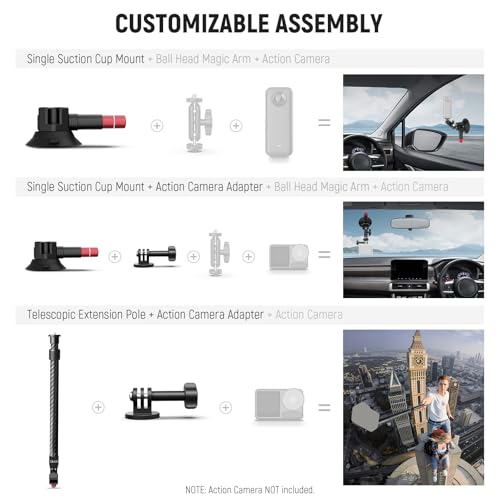 NEEWER Triple Suction Cup Car Mount Kit, Carbon Fiber Camera Mount with Action Camera Adapter, NATO Rail & 24"/60cm Extension Pole Compatible with GoPro Insta360, 2.2lb/1kg Max Load, CA136 - style: CA136