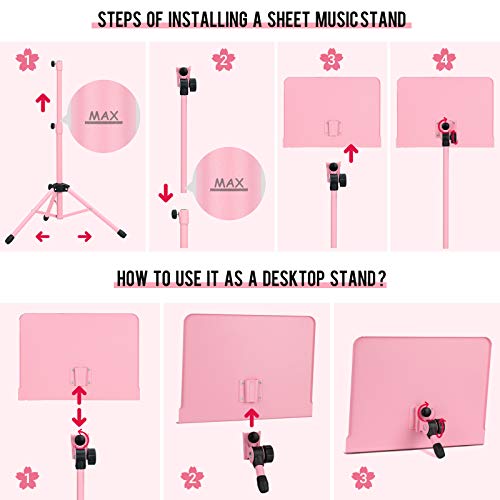 CAHAYA Sheet Music Stand & Tabletop Music Stand Solid Back with Carrying Bag for Books Notes Laptop Tablet Pink CY0194 - color: Pink, size: Standard Version