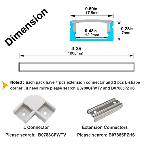 hunhun 20-Pack 3.3ft/1Meter U Shape LED Aluminum Channel System with Milky Cover, End Caps and Mounting Clips, Aluminum Profile for LED Strip Light Installations, Very Easy Installation