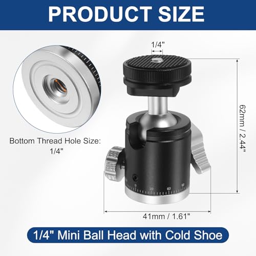 PATIKIL 1/4" Mini Ball Head with Cold Shoe, 360° Rotating Screw Tripod Mount Panoramic Ball Head DSLR Camera Mount Base Adapter Photograph Accessory for Phone Light Camera Loading 6.6lb