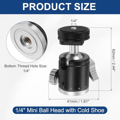 PATIKIL 1/4" Mini Ball Head with Cold Shoe, 360° Rotating Screw Tripod Mount Panoramic Ball Head DSLR Camera Mount Base Adapter Photograph Accessory for Phone Light Camera Loading 6.6lb
