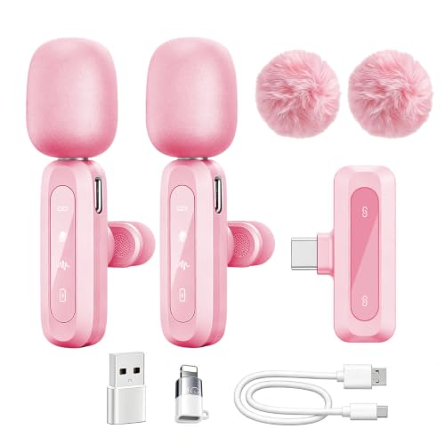 tongyu J3 Lavalier Microphone Wireless Mini Mic for iPhone Android/Tablet/PC Video Recording Clip-on Mics with DSP Noise Cancellation, Ideal for Vlog Tiktok YouTube Content Creator-Pink