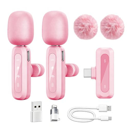 tongyu J3 Lavalier Microphone Wireless Mini Mic for iPhone Android/Tablet/PC Video Recording Clip-on Mics with DSP Noise Cancellation, Ideal for Vlog Tiktok YouTube Content Creator-Pink