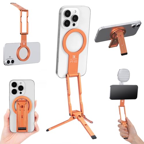K&F CONCEPT PT02 7mm 59g Magnetic Phone Stand, Foldable Selfie Stick for iPhone, Dual-Sided Magnets Mini Tripod Pocket Cell Phone Stand with Hook, Compatible with iPhone 17-12 Series Android Phones - color: Orange