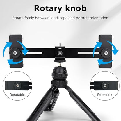 Multifunctional Smartphone Video Kit, with Universal Phone Desktop Tripod with Dual Phone Holders and 4 Cold Shoe mounts for vlogging, Live Streaming, Online Video Teaching, and conferences