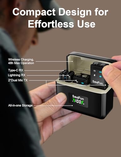 Wireless Microphone for iPhone Android, SmaFun TwinCast S2 Lavalier Microphone, 2 Mics 2 Receivers with Lightning USB-C, Noise Cancelling Clip On Mic, 48H Charging Case, 328FT for Video TikTok YouTube - size: 2TX2RX ChargingCase