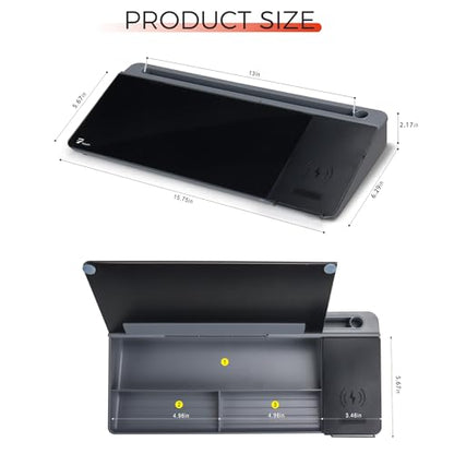 TOWON Glass Desk Whiteboard with Wireless Charger, Desktop Dry Erase Board with Storage & Phone Stand – Compact ~16 x 7 in, Black – Includes Marker & Eraser, Tempered Glass, Rewrite Reusable - color: Charger Black
