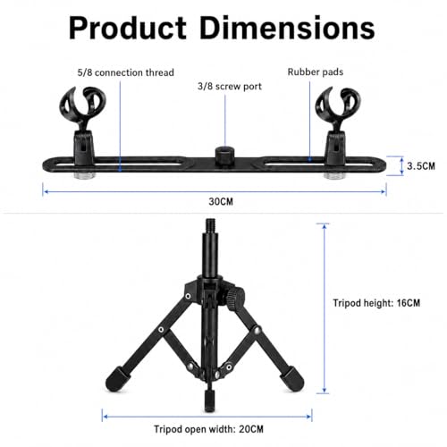 2 Mic Stereo Bar with Desktop Tripod Stand | Dual-microphone recording kit with 30cm stereo bar, desktop tripod, and adapter for XY, ORTF, and NOS recording.