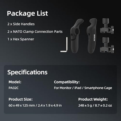 Nitze Side Handle Kit with NATO Clamp, 360° Adjustable NATO Side Handles for Smartphone/iPad/Monitor/Camera Cages - PA32C