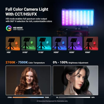 NEEWER Basics Full RGB Camera Video Light with Desk Tripod Stand, 8W CRI97 2700K-7500K 17 Scenes 4000mAh Portable Metal Small LED Panel Lighting for DSLR Streaming Photography Video Recording, SL90C