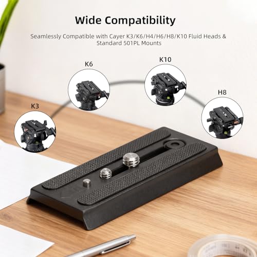 Cayer QR120 Tripod Fluid Head Quick Release Plate Replacement with 1/4 inch and 3/8 inch Mounting Screws for K3 K6 H4 H6 H8 K10 Fluid Head, 501PL Style Plate Replacement