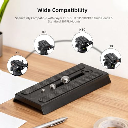 Cayer QR120 Tripod Fluid Head Quick Release Plate Replacement with 1/4 inch and 3/8 inch Mounting Screws for K3 K6 H4 H6 H8 K10 Fluid Head, 501PL Style Plate Replacement
