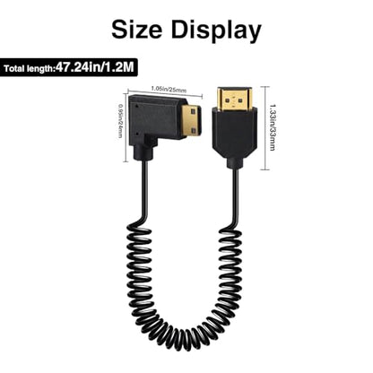 Duttek Thin Mini HDMI to HDMI Coiled Cable 1FT-4Ft, Ultra Slim & Flexible Soft Left Angled HDMI to Mini HDMI Cable Supports 3D/4K@60Hz for HDTV, Tablet, Camera and Camcorder - size: Left Angled 1.2M