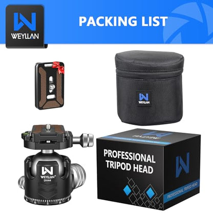 Tripod Head 44mm Low Profile Ball Head, WEYLLAN DH44 360 Degree Metal Panoramic Camera Ball Head Mount with Two Quick Release Plates, Arca Ballhead for Tripod Monopod DSLR Camera Max Load 55lbs/25kg - size: 44mm