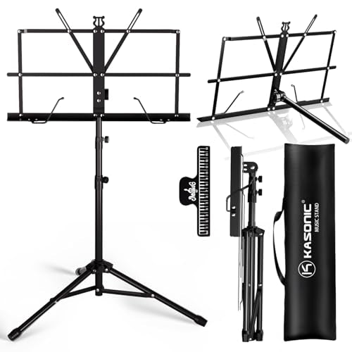 K KASONIC Music Stand, 2 in 1 Dual-Use Folding Sheet Music Stand & Desktop Book Stand, Portable Lightweight with Music Sheet Clip Holder Carrying Bag - color: 1 Pack Black