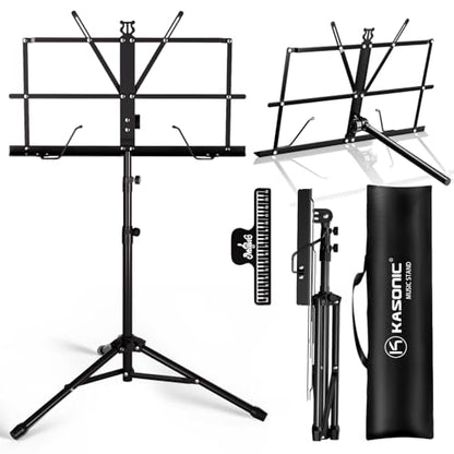 K KASONIC Music Stand, 2 in 1 Dual-Use Folding Sheet Music Stand & Desktop Book Stand, Portable Lightweight with Music Sheet Clip Holder Carrying Bag - color: 1 Pack Black