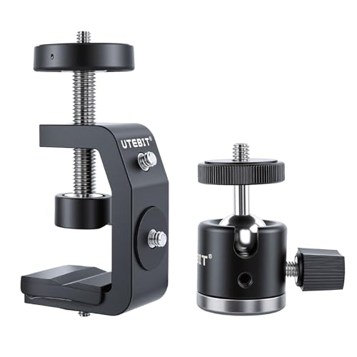 UTEBIT 40mm C-Clamp Camera Mount with Mini Ball Head, Black | 1/4 Thread Hole Metal Clamp with 360° Swivel Ballhead Camera Mount 1/4 Hot Shoe Adapter for Camera Desk Bicycle Woodworking - size: 40mm