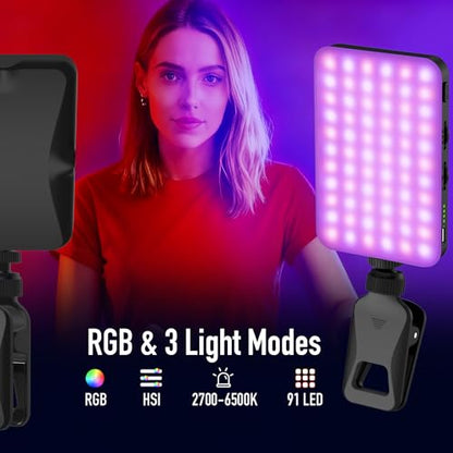 91 LED Portable Charger Selfie Light Video Conference Lighting | with Clip & Camera Tripod Adapter, Rechargeable 2000mAh, CRI 96+, 4 Light Modes, for Phone iPhone Webcam Laptop Makeup - color: Black