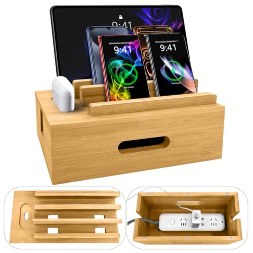 Bamboo Charging Station for Multiple Devices, Cable Management Box for Power Strip, USB Charger & USB Charging Hub/Station, Wood Docking Station Desktop Organizer Bedside Table Organizer