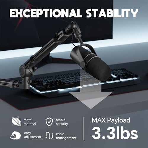 Low Profile Mic Arm, Microphone Boom Arm, Full Aluminum Adjustable Mic Stand with Desk Clamp, 360° Rotatable Heavy Duty Microphone Stand for Streaming, Podcasting, Recording
