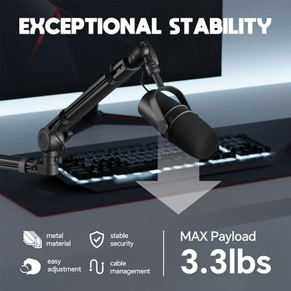 Low Profile Mic Arm, Microphone Boom Arm, Full Aluminum Adjustable Mic Stand with Desk Clamp, 360° Rotatable Heavy Duty Microphone Stand for Streaming, Podcasting, Recording
