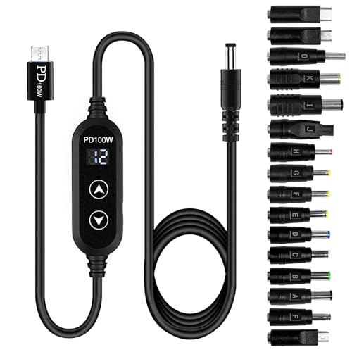 100W USB C to DC power charger with adjustable 5V/9V/12V/15V/20V, with 16 DC adapter heads and LED display screen. USB to DC cable for devices such as tablets,speakers,routers and dc connector (3.9ft) - color: Black-100W with 16 Adapter DC Cable