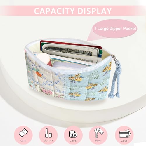 Cotton Quilted Floral Coin Purse Digital Camera Pouch with Cute Prints Zipper for Women Girls (BLUE DISTY PATCH) - color: BLUE DISTY PATCH