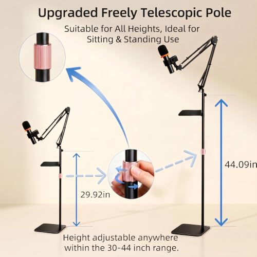 Floor Microphone Stand,Adjustable Boom Arm with Weighted Base & Tray | 5.5lb Weighted Base, Carbon Steel Construction, 2 Mic Clips, 3/8 to 5/8 Adapter, Podcast Streaming Recording Setup