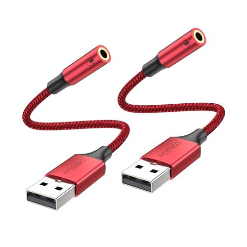 MOSWAG USB to 3.5mm Jack Audio Adapter, USB to Aux Cable with TRRS 4-Pole Mic-Supported PC Headphone AUX Adapter External Sound Card for PC PS4 PS5 and More (0.65Ft/20cm(2pack), Red) - color: Red, size: 2 pack