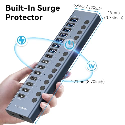 ACASIS 16 Ports Powered USB 3.2 Hub (8 USB-A 3.2 +8 USB-C 3.2) | Aluminum USB Hub Powered with 96W Power Adapter, USB Hub for PC/Laptop, Computer, Flash Drive, Printer, Camera - color: Gray