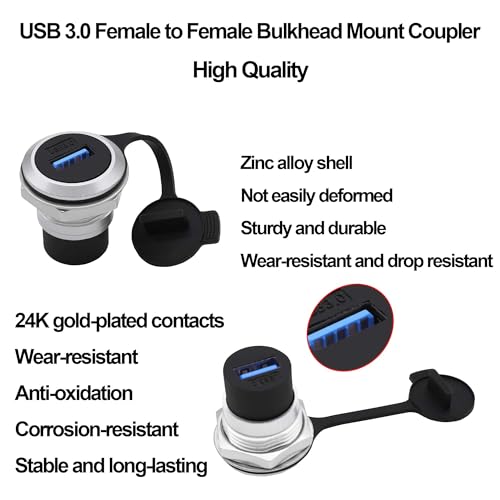 USB 3.0 Panel Mount Coupler USB Type A Female to Female Adapter Threaded Fixed Bulkhead Extension Embedded Round Connector with Water/Dustproof Cap