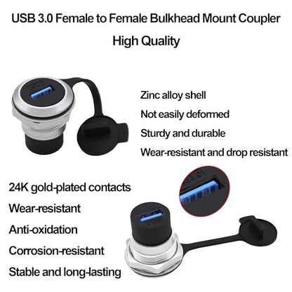 USB 3.0 Panel Mount Coupler USB Type A Female to Female Adapter Threaded Fixed Bulkhead Extension Embedded Round Connector with Water/Dustproof Cap