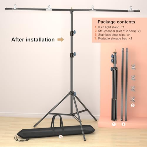 LINCO Lincostore Zenith Portable T-Shape Background Backdrop Stand Kit 5x6.7ft - 5ft Wide (Fixed) and 6.7ft High (Adjustable)- Lightweight Only 4 Lbs Easy to Carry and Storage Black