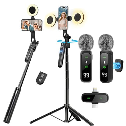 Content Creator Starter Kit,Vlogging Kit for iPhone/Android,70”Auto Face Tracking Tripod 360 Rotation with Light, Wireless Microphones,Selfie Stick Tripod for TikTok & YouTube Starter Kit - color: Black-SM