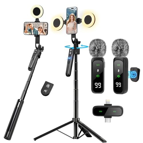 Content Creator Starter Kit,Vlogging Kit for iPhone/Android,70”Auto Face Tracking Tripod 360 Rotation with Light, Wireless Microphones,Selfie Stick Tripod for TikTok & YouTube Starter Kit - color: Black-SM