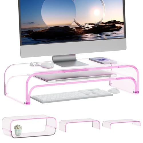 Acrylic Dual Monitor Stand Riser 2 Tier, Modular Laptop Stand for Desk, Multifunctional Desktop Organizer Shelf for PC, iMac, Printer, Detachable Monitor Stand for Office or Home, Pink - color: Pink