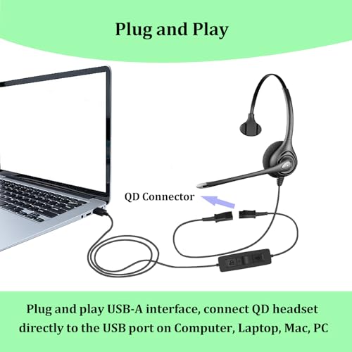 Headset USB Adapter Quick Disconnect QD Cable to USB A Plug Adapter for Plantronics QD Wired Headset with in-line Volume Mute Controls to Computer Laptop PC Mac VOIP Softphone